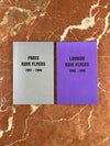 Two books titled 'Paris Rave Flyers 1991-1994' and 'London Rave Flyers 1990-1996' on a marble background.