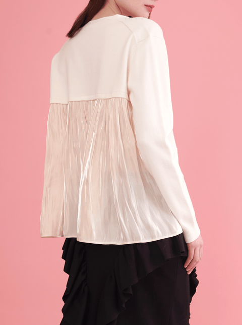 RHIE BACK PLEAT CARDIGAN IN CREAM WITH LIQUID CHARMEUSE WEST VILLAGE BOUTIQUE