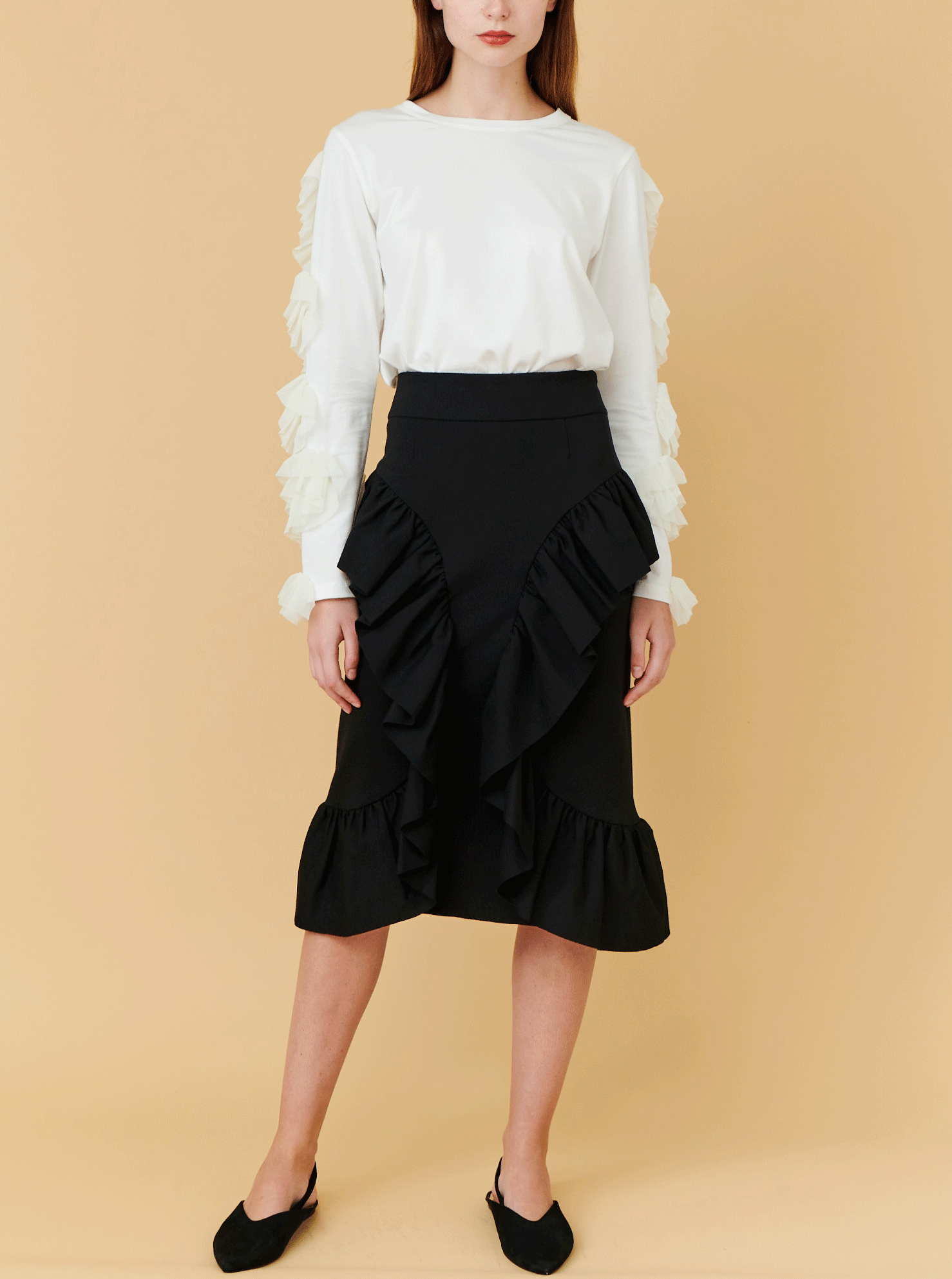 Black ruffle skirt long hot sale