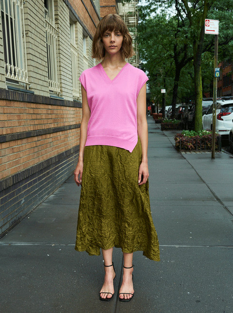 RHIE JAPANESE DESIGNER WOMENS CRINKLE SILK LEE DRESS WITH PINK IN ARMY GREEN