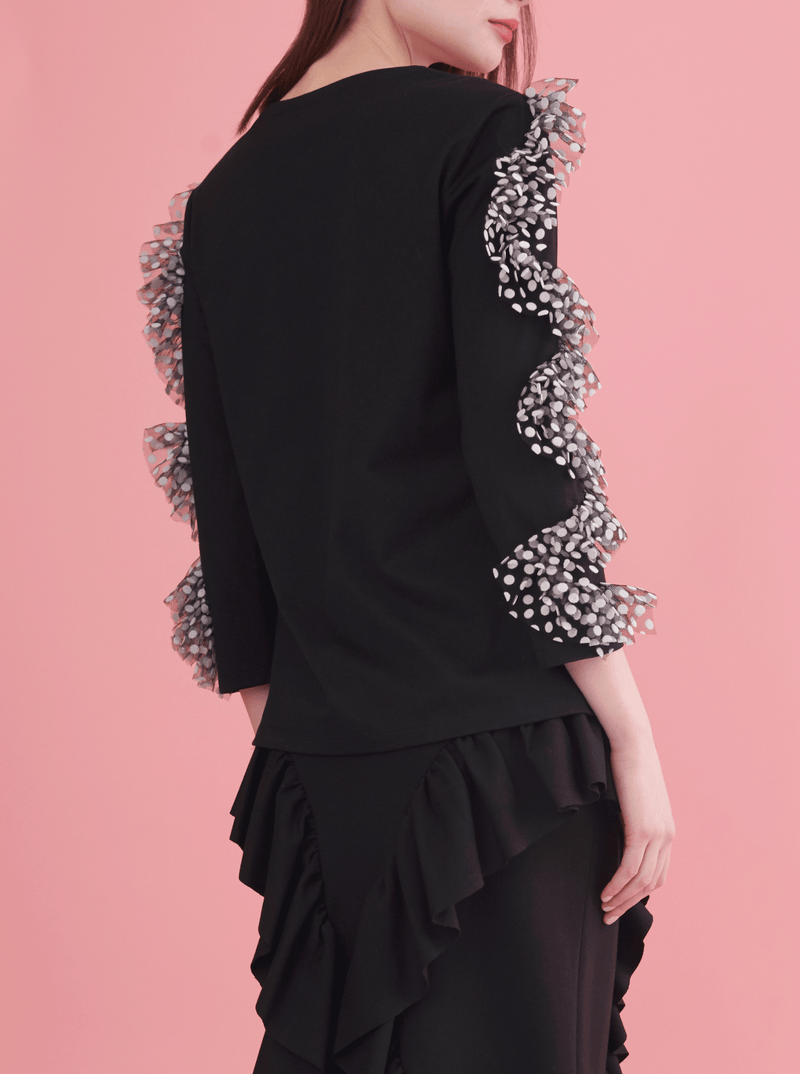 RUFFLE CROP SLEEVE TOP BLACK RHI