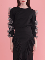 RHIE Womens Designer Black Top with Polka Dot Ruffle Sleeves