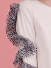 RHIE Designer White top with polka dot ruffle sleeves