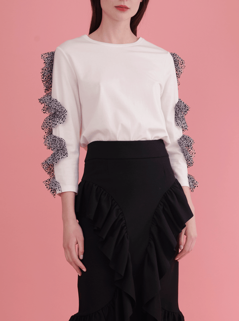 RHIE Womens Designer White Top with Polka Dot Ruffle Sleeves west village boutique